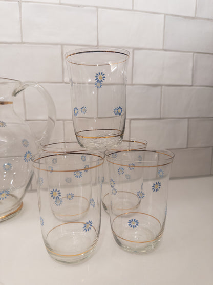 S/6, Vintage Pitcher + 5 Glasses w/ Blue Floral Design and Gold Rim