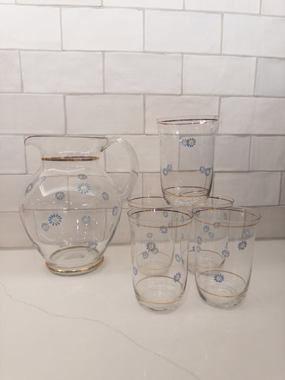 S/6, Vintage Pitcher + 5 Glasses w/ Blue Floral Design and Gold Rim