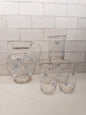 S/6, Vintage Pitcher + 5 Glasses w/ Blue Floral Design and Gold Rim