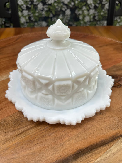 Vintage Westmoreland Old Quilt Milk Glass Covered Butter/ Cheese Dish