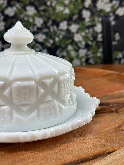 Vintage Westmoreland Old Quilt Milk Glass Covered Butter/ Cheese Dish