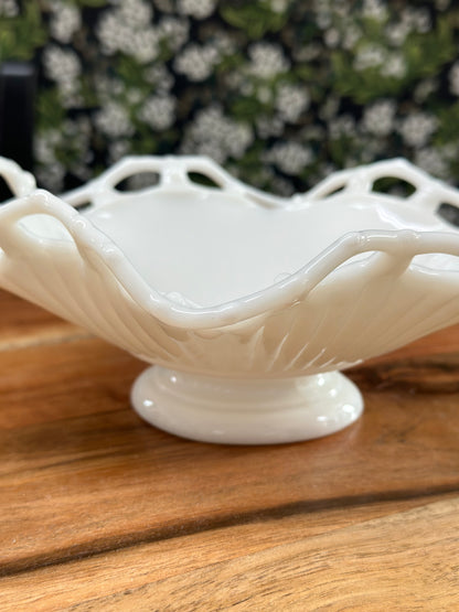 Vintage Lattice Footed Milk Glass Bowl