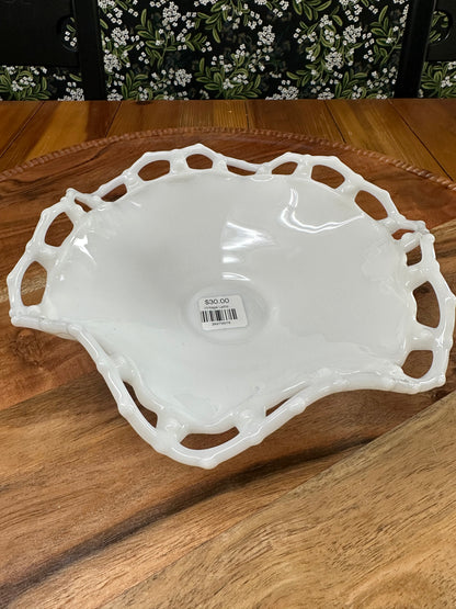 Vintage Lattice Footed Milk Glass Bowl