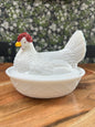 Vintage Westmoreland 7 1/2" Painted Hen on Basket