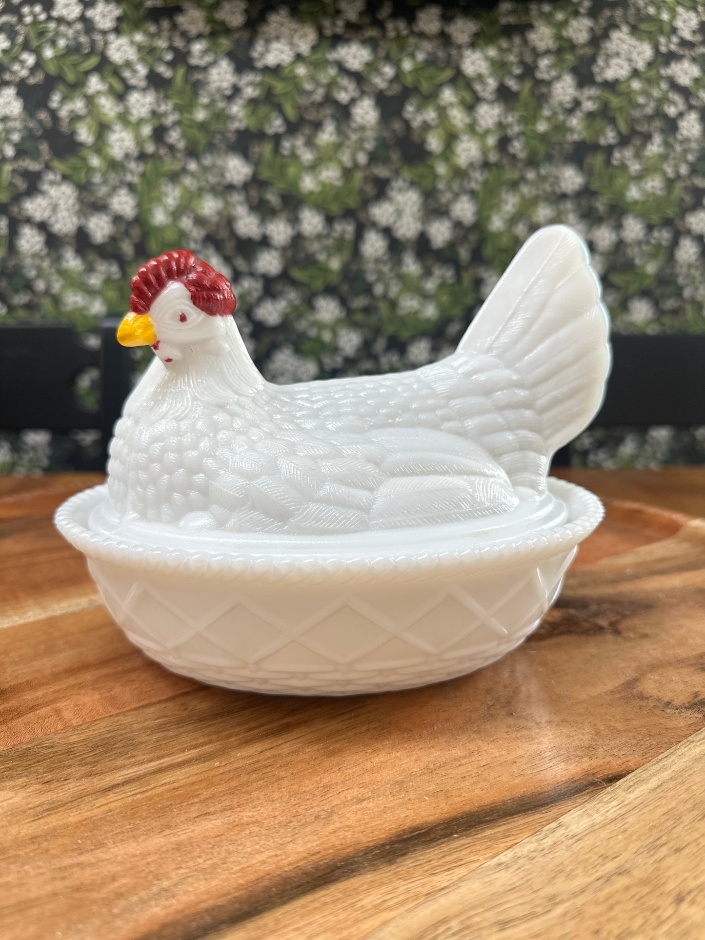 Vintage Westmoreland 7 1/2" Painted Hen on Basket