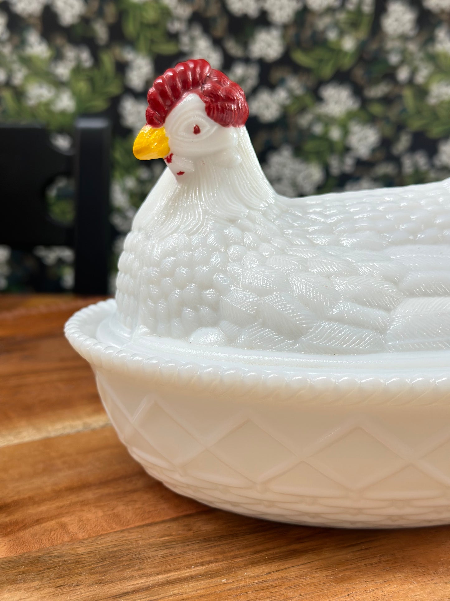 Vintage Westmoreland 7 1/2" Painted Hen on Basket