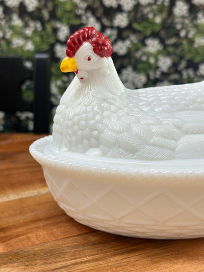 Vintage Westmoreland 7 1/2" Painted Hen on Basket