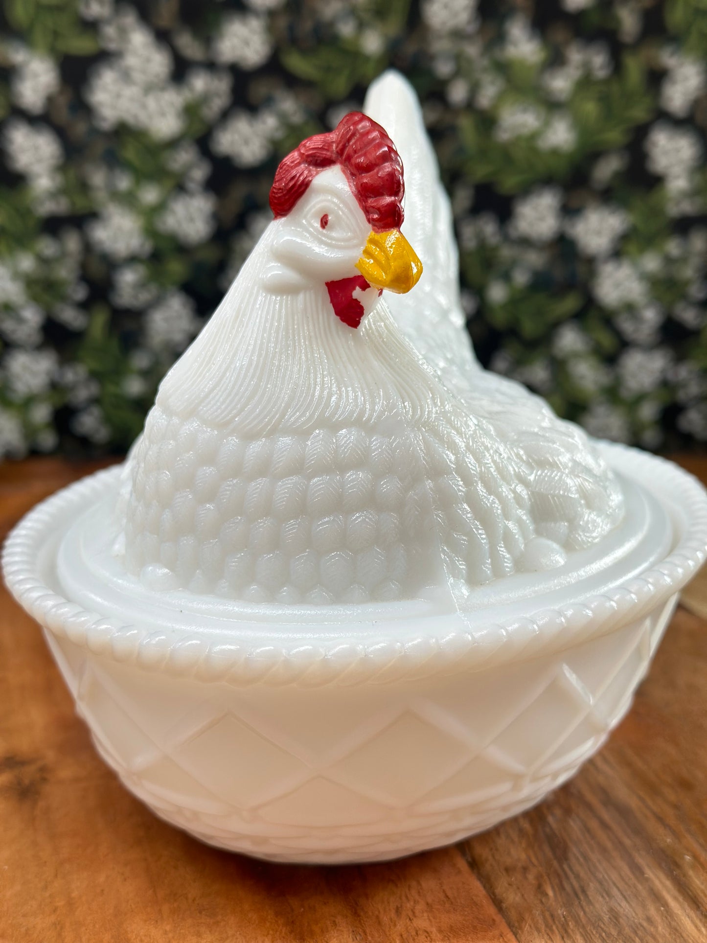 Vintage Westmoreland 7 1/2" Painted Hen on Basket