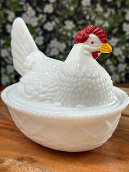 Vintage Westmoreland 7 1/2" Painted Hen on Basket