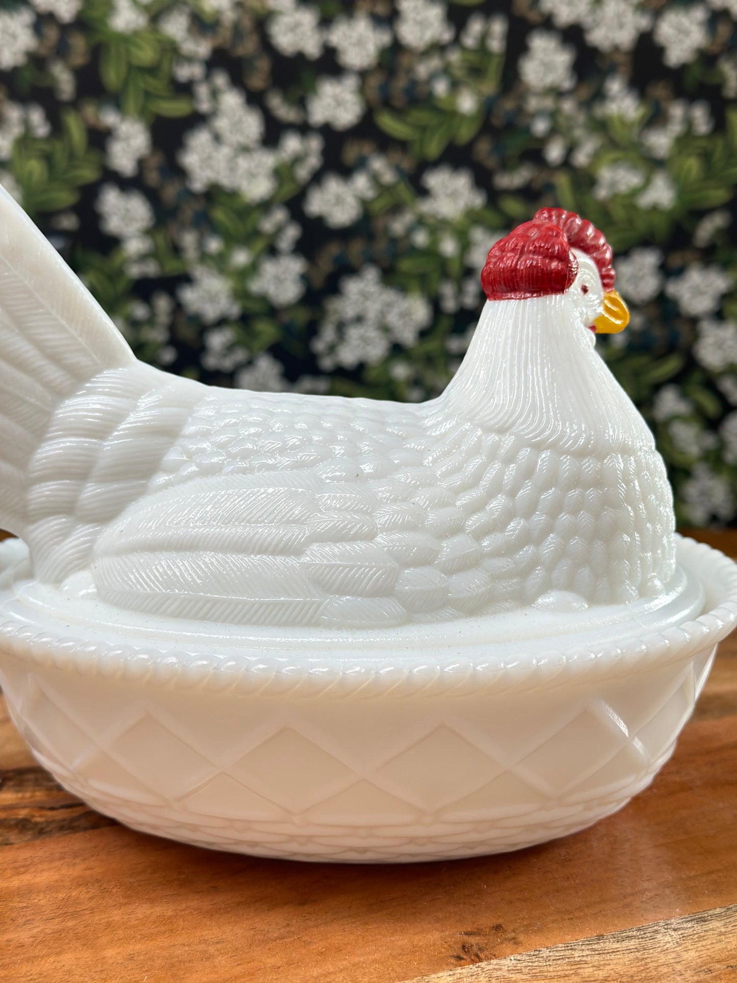 Vintage Westmoreland 7 1/2" Painted Hen on Basket