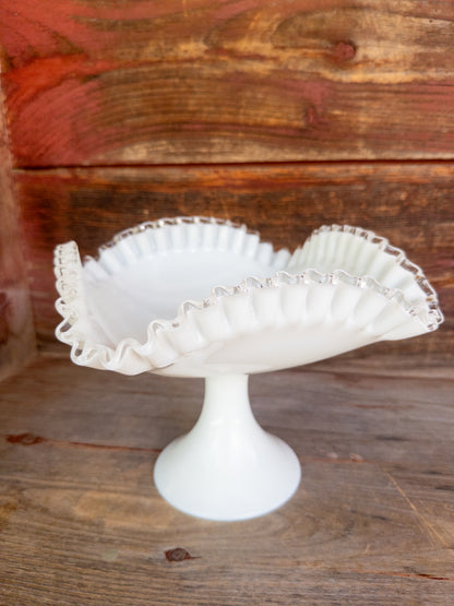 Vintage Fenton Silver Crest Milk Glass Pedestal Bowl w. Ruffled Clear Rim