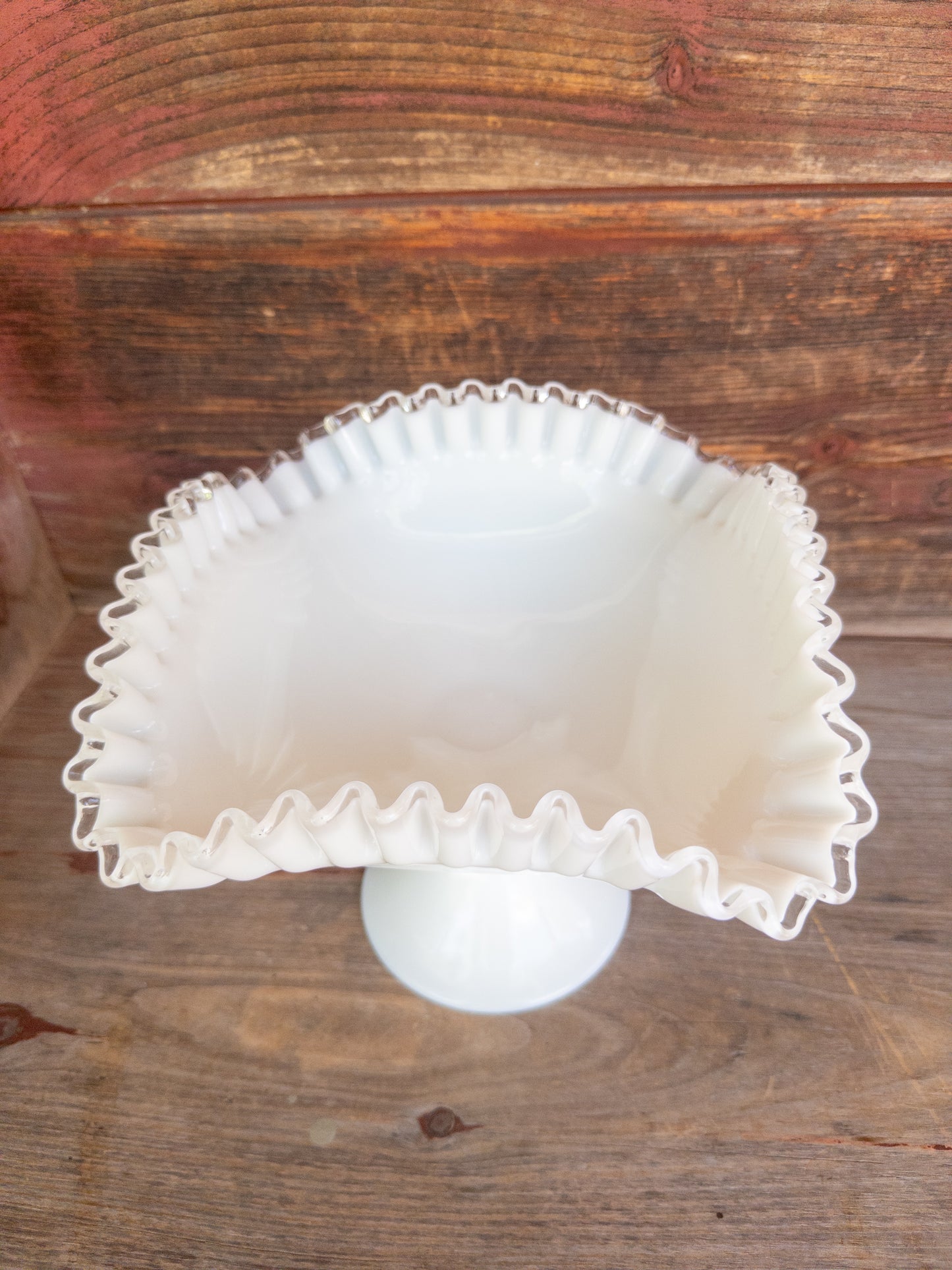 Vintage Fenton Silver Crest Milk Glass Pedestal Bowl w. Ruffled Clear Rim