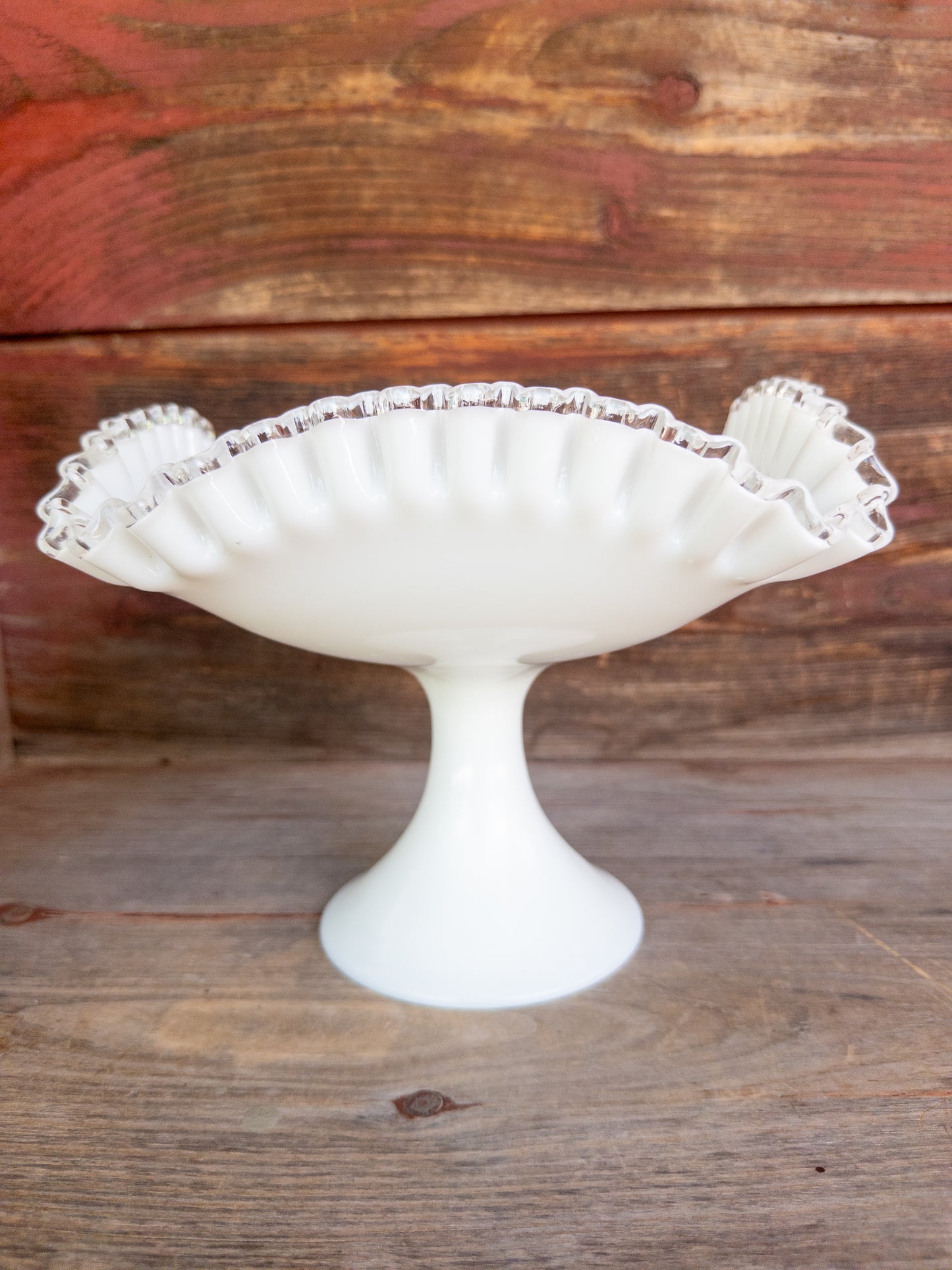 Vintage Fenton Silver Crest Milk Glass Pedestal Bowl w. Ruffled Clear Rim