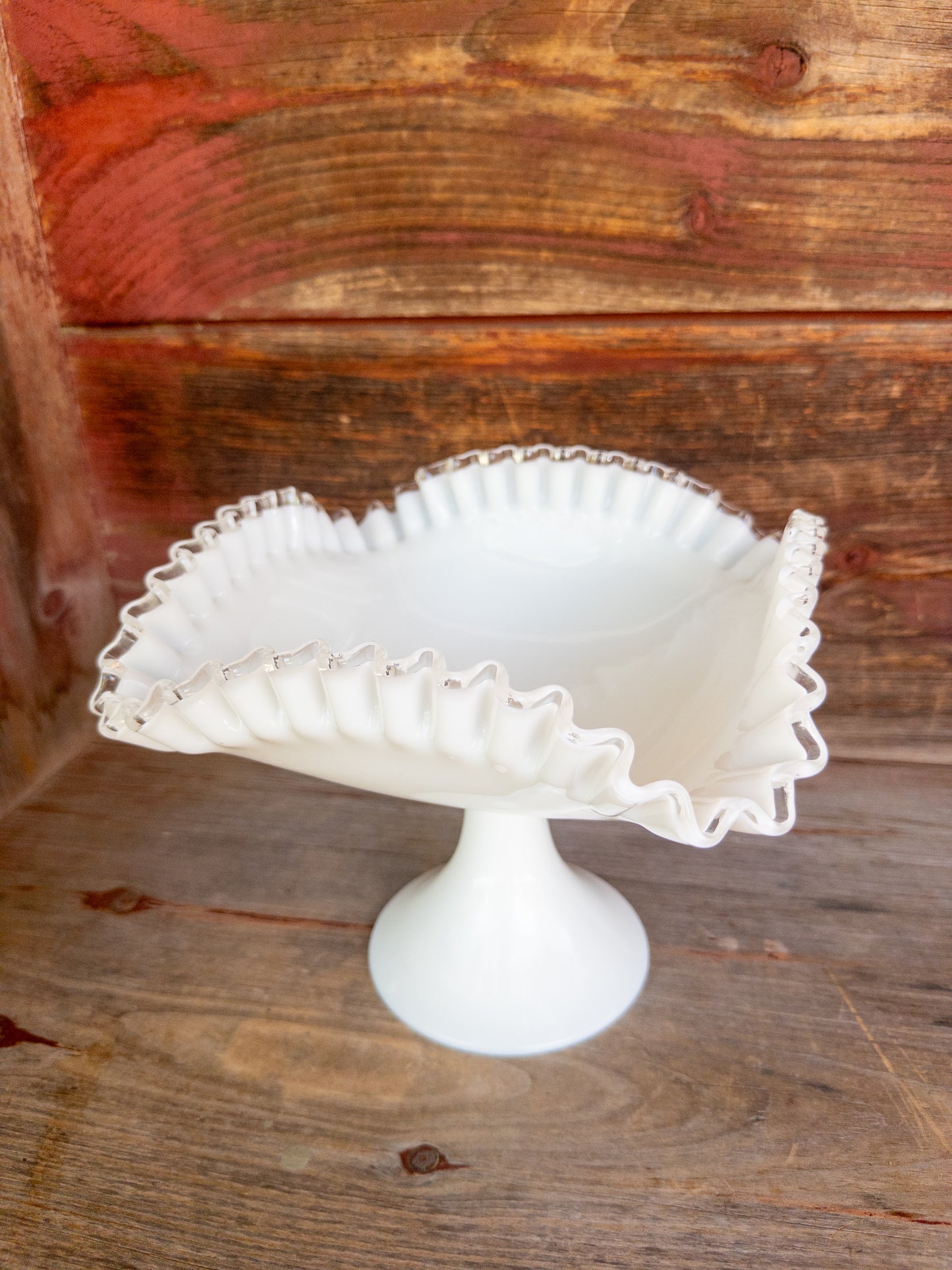 Vintage Fenton Silver Crest Milk Glass Pedestal Bowl w. Ruffled Clear Rim