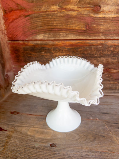 Vintage Fenton Silver Crest Milk Glass Pedestal Bowl w. Ruffled Clear Rim