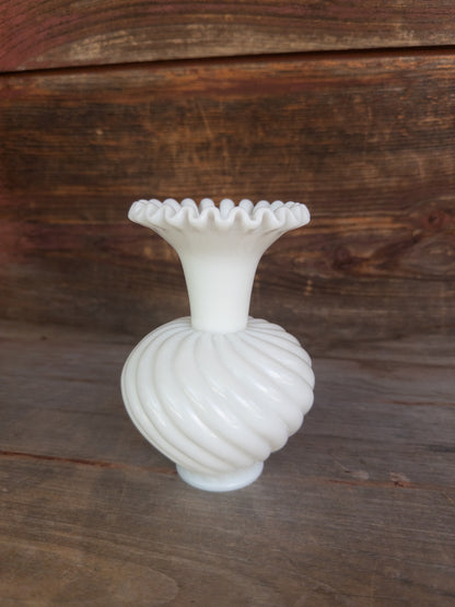 Vintage Milk Glass Vase w. Ruffled Rim & Swirl Pattern