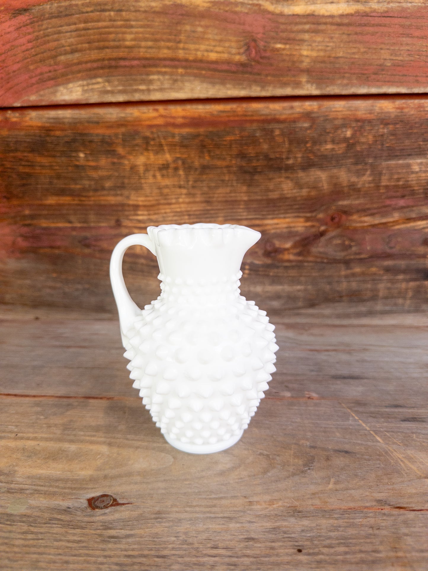 Vintage Hobnail Milk Glass 6in Pitcher w. Ruffled Rim