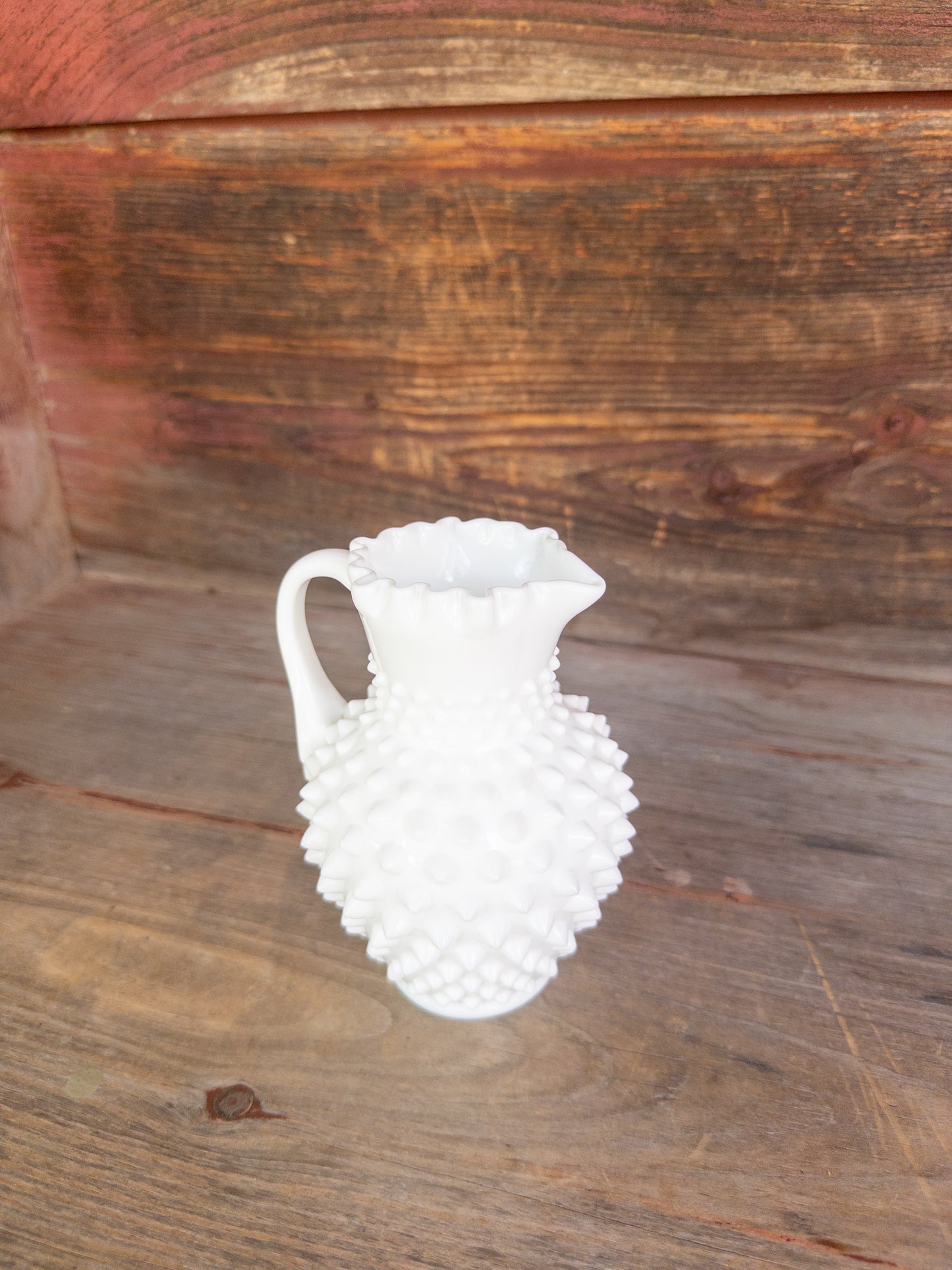 Vintage Hobnail Milk Glass 6in Pitcher w. Ruffled Rim