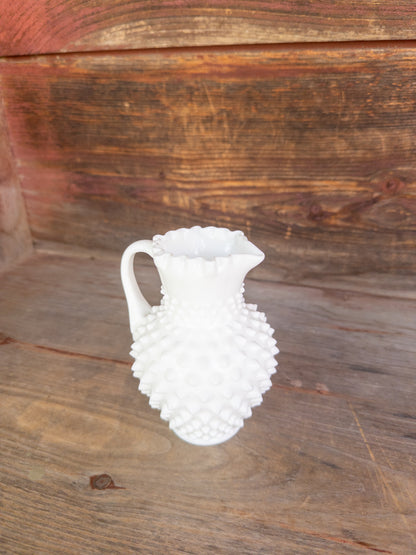 Vintage Hobnail Milk Glass 6in Pitcher w. Ruffled Rim