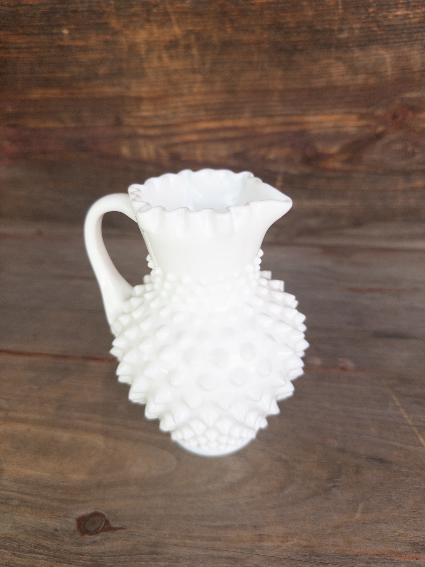 Vintage Hobnail Milk Glass 6in Pitcher w. Ruffled Rim