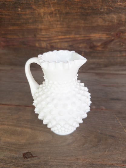 Vintage Hobnail Milk Glass 6in Pitcher w. Ruffled Rim