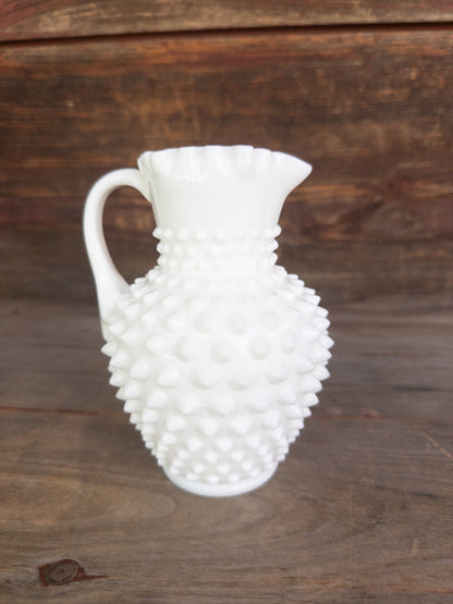 Vintage Hobnail Milk Glass 6in Pitcher w. Ruffled Rim
