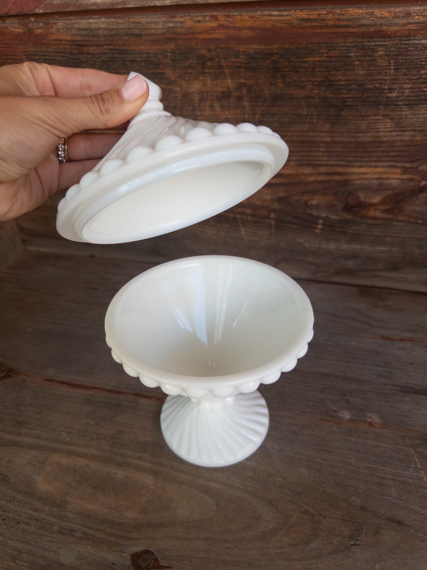 Vintage Westmoreland Swirl & Ball Pattern Milk Glass Covered Candy Dish