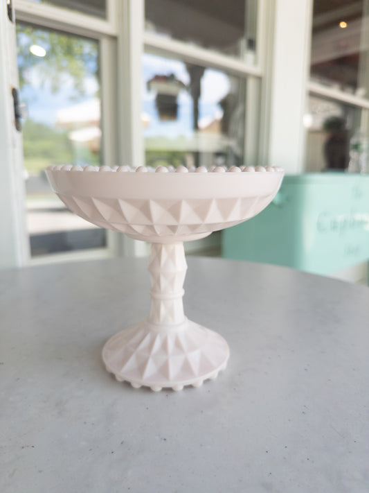 Vintage Jeannette Shell Pink Milk Glass Compote w/ Beaded Rim