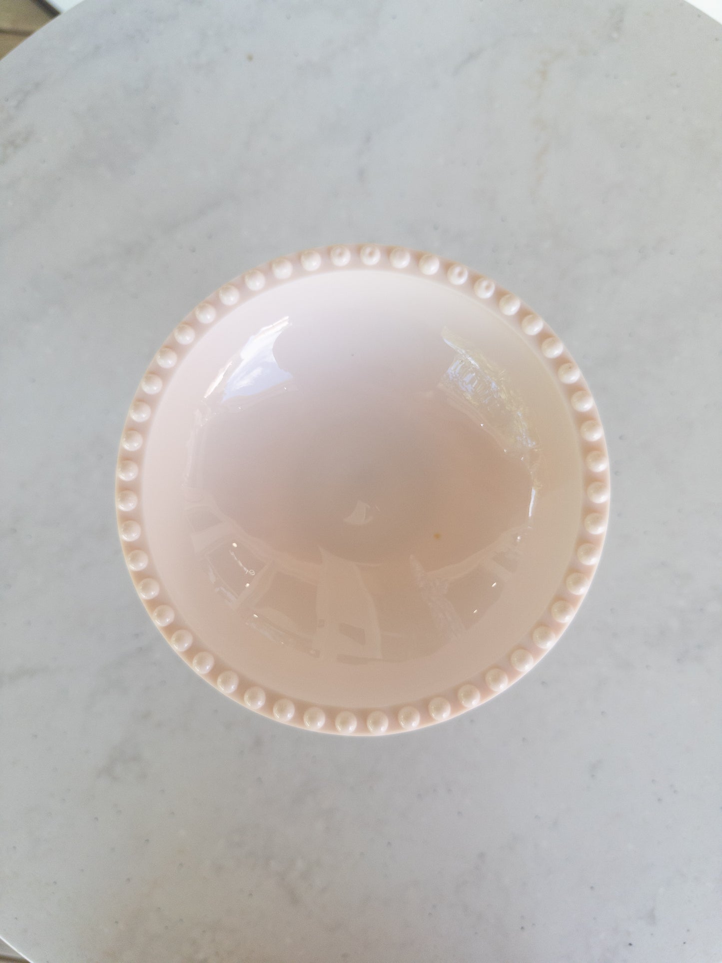 Vintage Jeannette Shell Pink Milk Glass Compote w/ Beaded Rim
