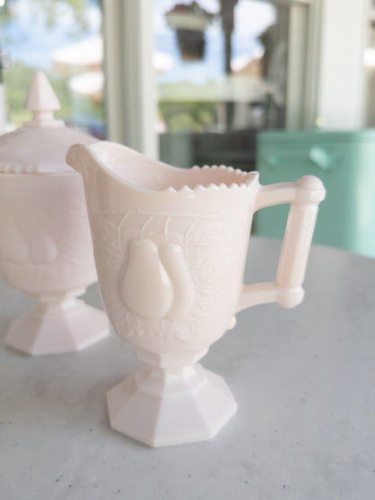 Vintage Pink Milk Glass Baltimore Pear Pattern Sugar Bowl w/ Lid and Creamer