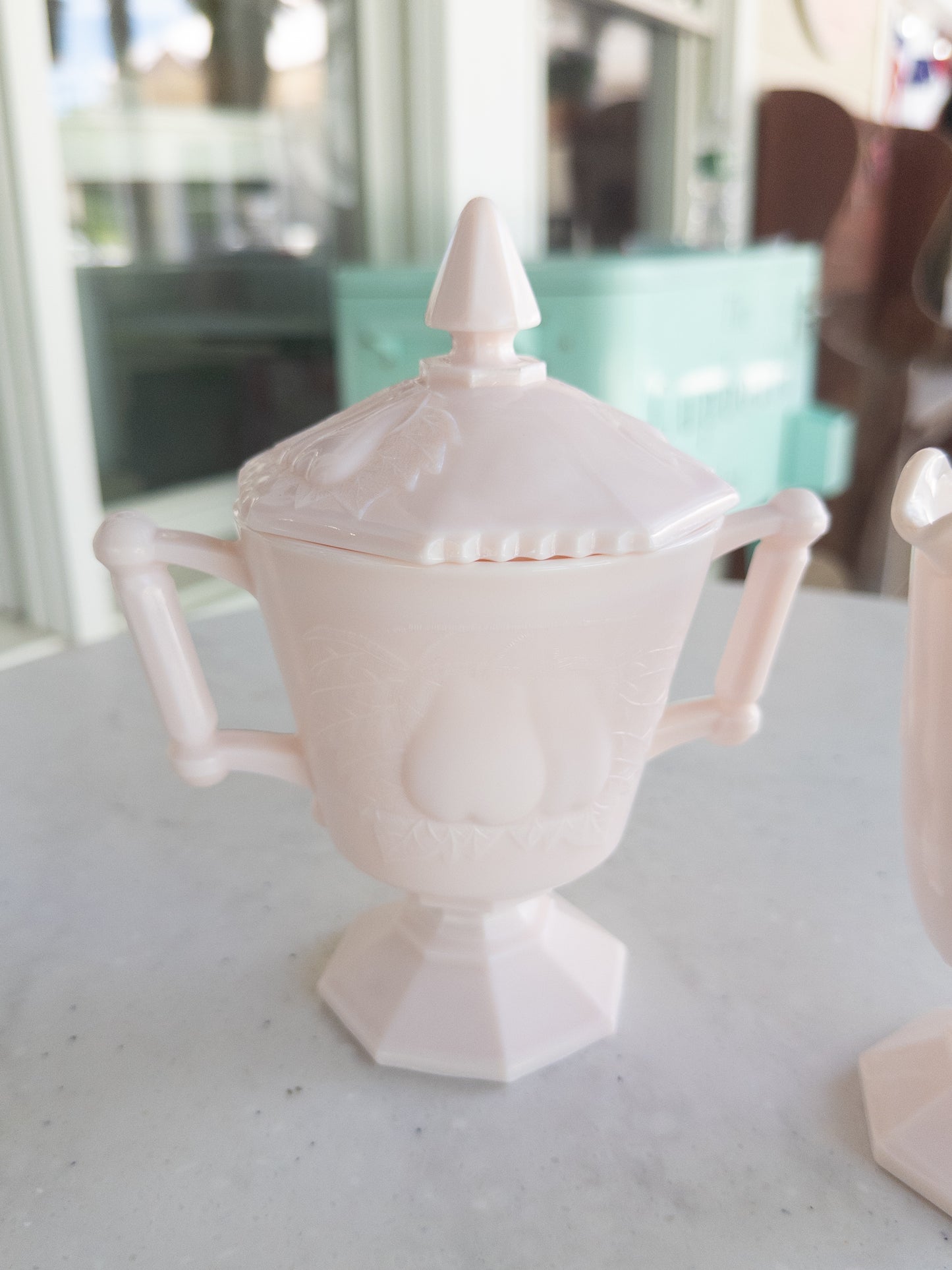 Vintage Pink Milk Glass Baltimore Pear Pattern Sugar Bowl w/ Lid and Creamer