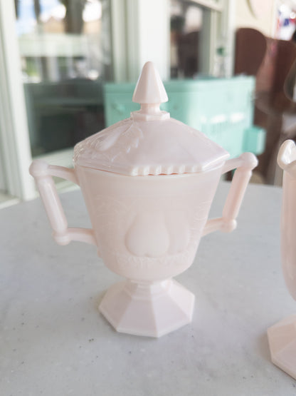 Vintage Pink Milk Glass Baltimore Pear Pattern Sugar Bowl w/ Lid and Creamer