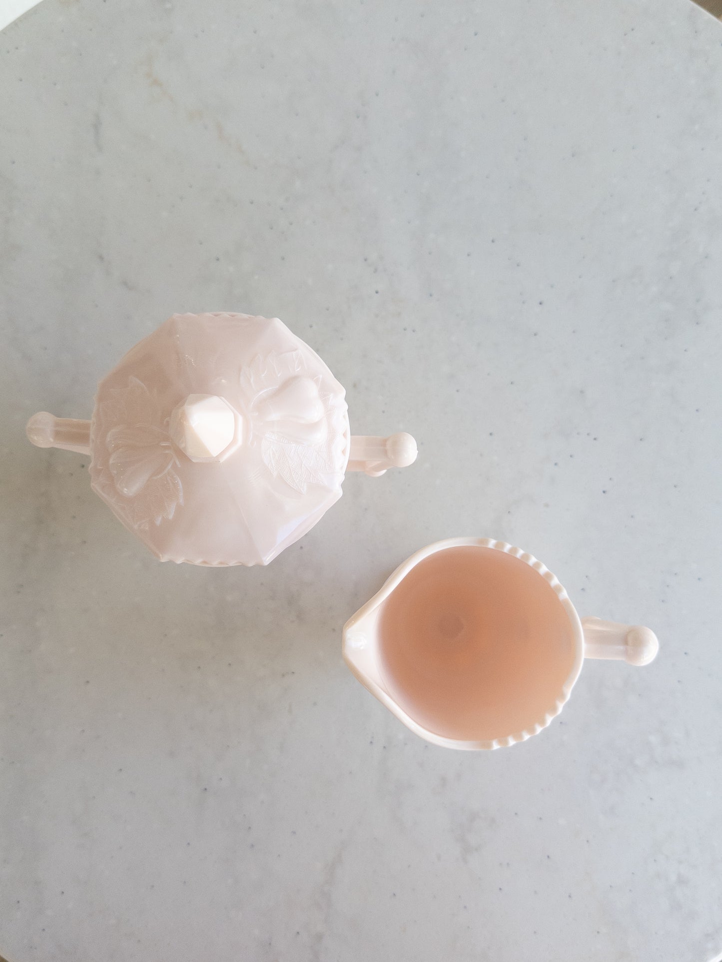 Vintage Pink Milk Glass Baltimore Pear Pattern Sugar Bowl w/ Lid and Creamer