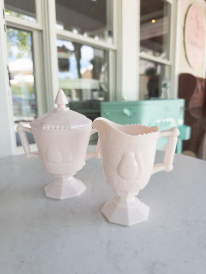 Vintage Pink Milk Glass Baltimore Pear Pattern Sugar Bowl w/ Lid and Creamer