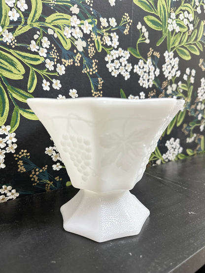 Vintage Anchor Hocking Milk Glass Pedestal Dish, Grape + Leaf Panel