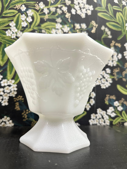 Vintage Anchor Hocking Milk Glass Pedestal Dish, Grape + Leaf Panel