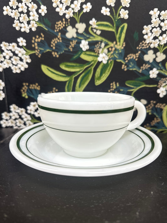 Set of 8, Vintage Pyrex 1950's Diner Green Band Milk Glass Cup + Saucer's