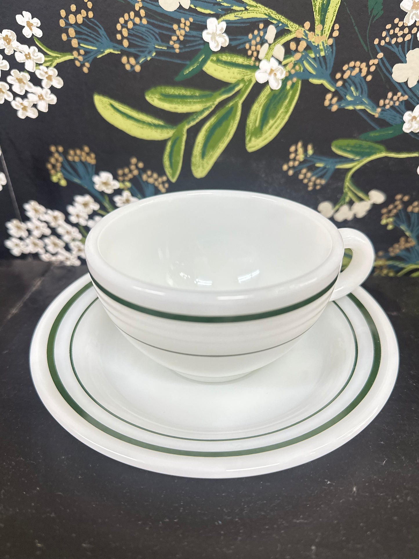 Set of 8, Vintage Pyrex 1950's Diner Green Band Milk Glass Cup + Saucer's