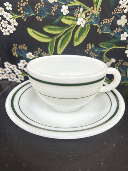 Set of 8, Vintage Pyrex 1950's Diner Green Band Milk Glass Cup + Saucer's