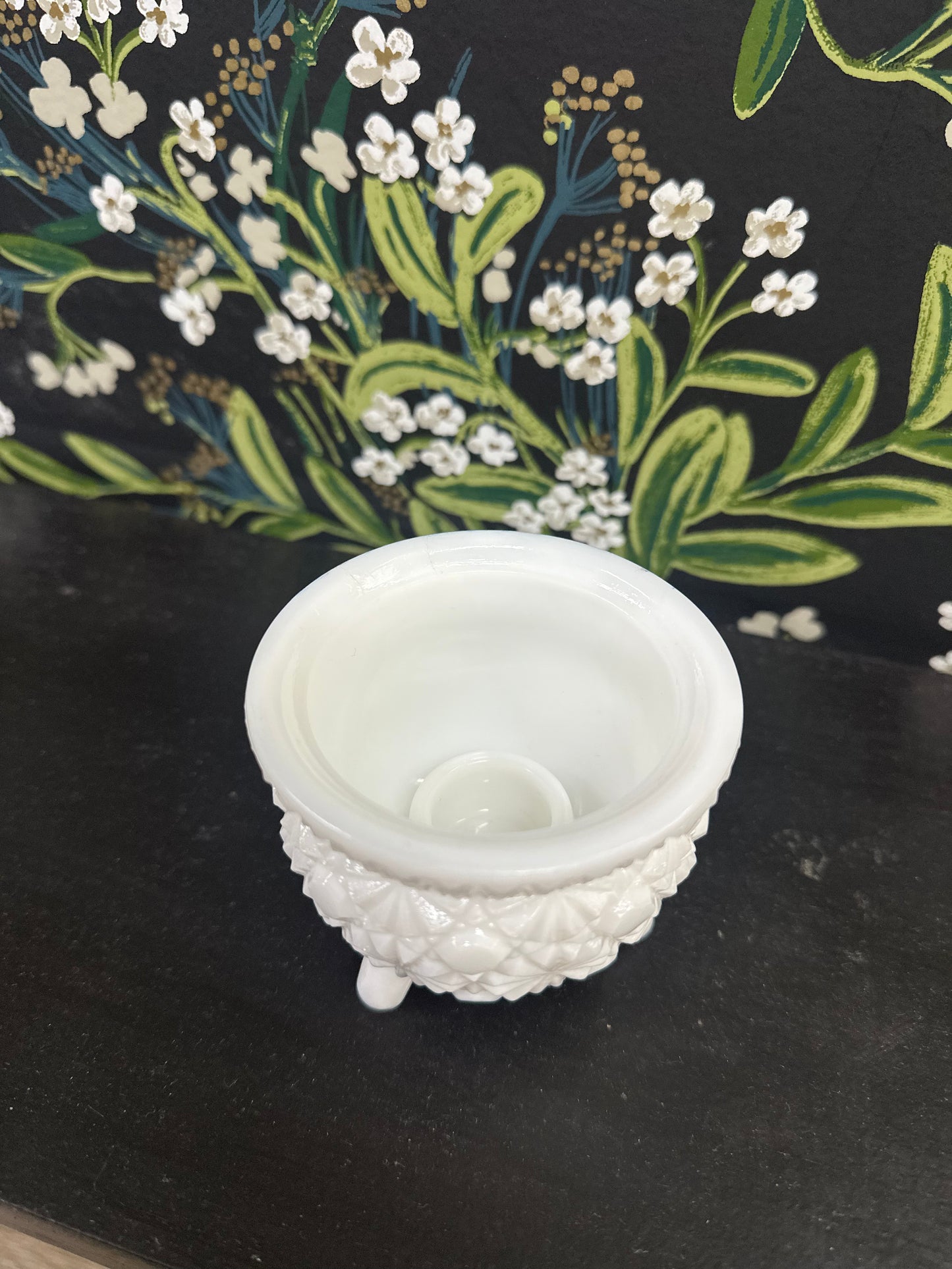 Vintage L.E. Smith Co. Daisy + Button Milk Glass Cauldron Candle Holder