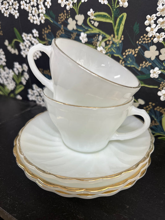 Set of 3, Vintage Anchor Hocking Gold Rim Swirl Milk Glass Cup + Saucers