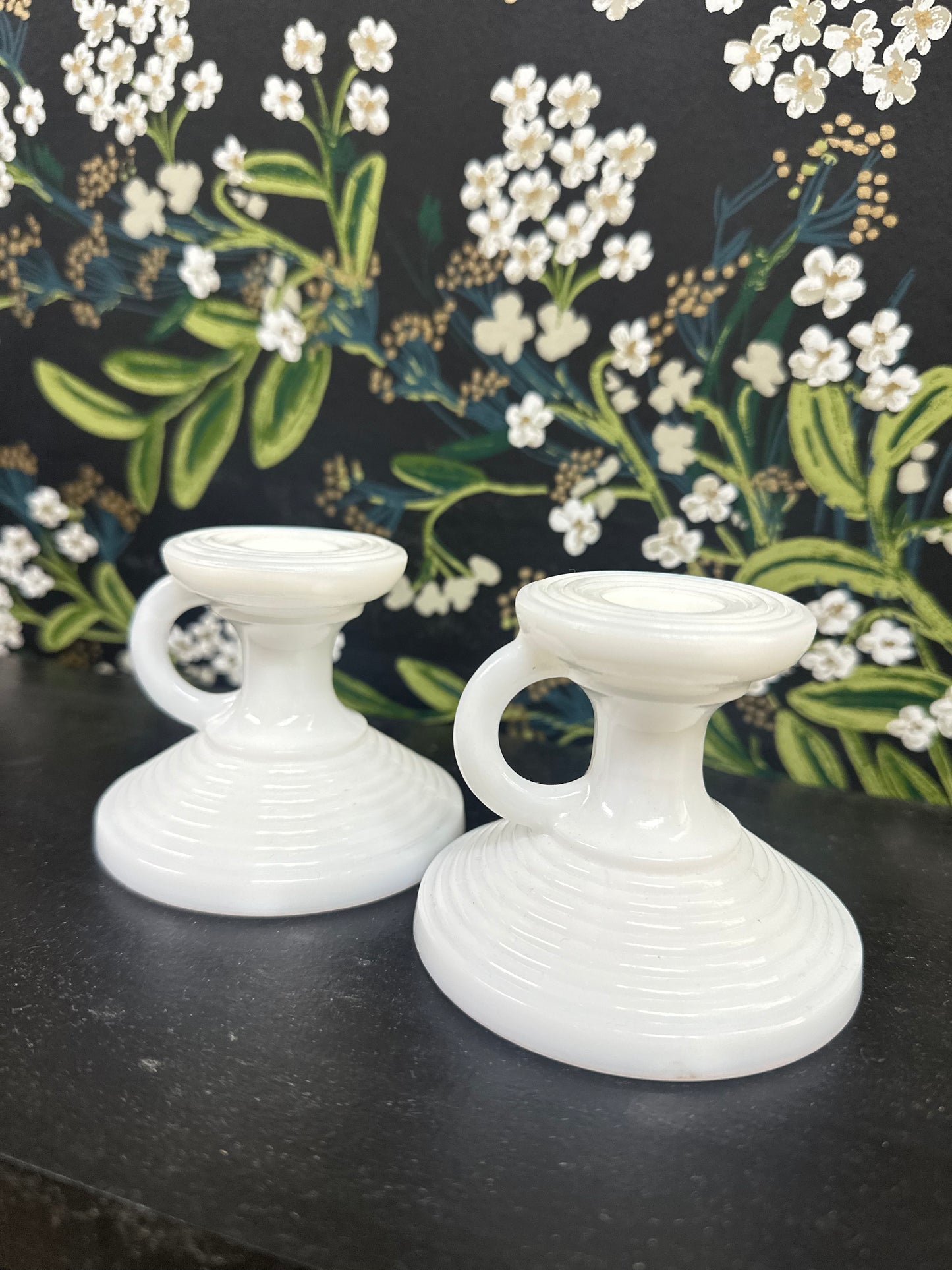 Set of 2, Vintage Ribbed White Milk Glass Candle Sticks