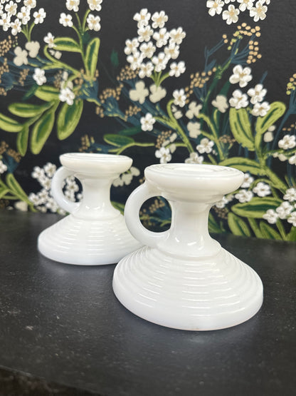 Set of 2, Vintage Ribbed White Milk Glass Candle Sticks