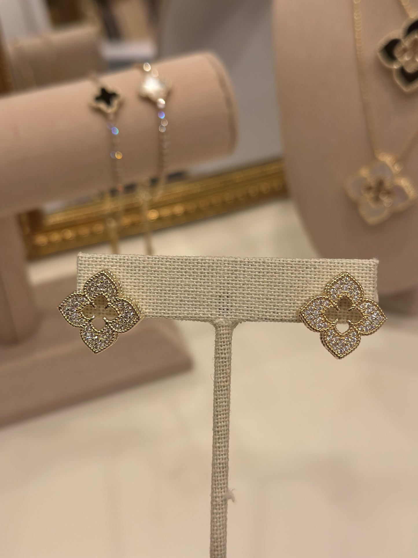 Large Crystal Gold Clover Stud Earring