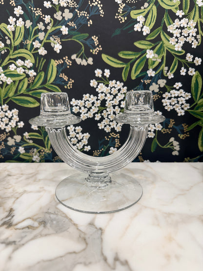 Vintage Clear Glass Art Deco Style Double Candlestick Holder