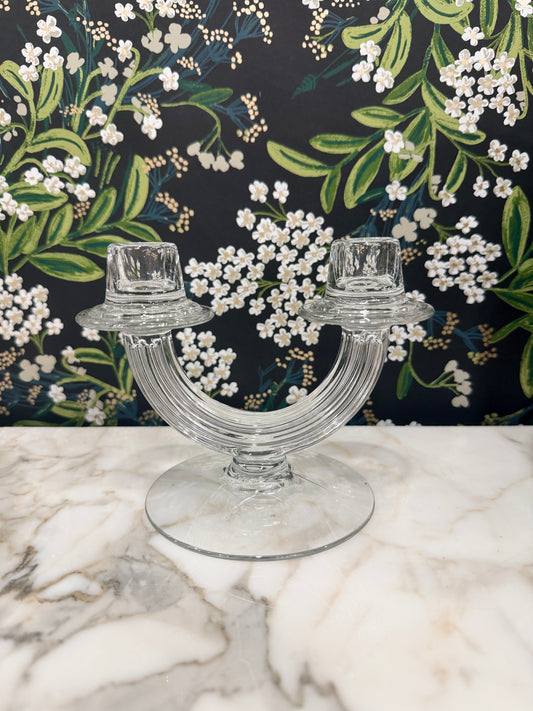 Vintage Clear Glass Art Deco Style Double Candlestick Holder