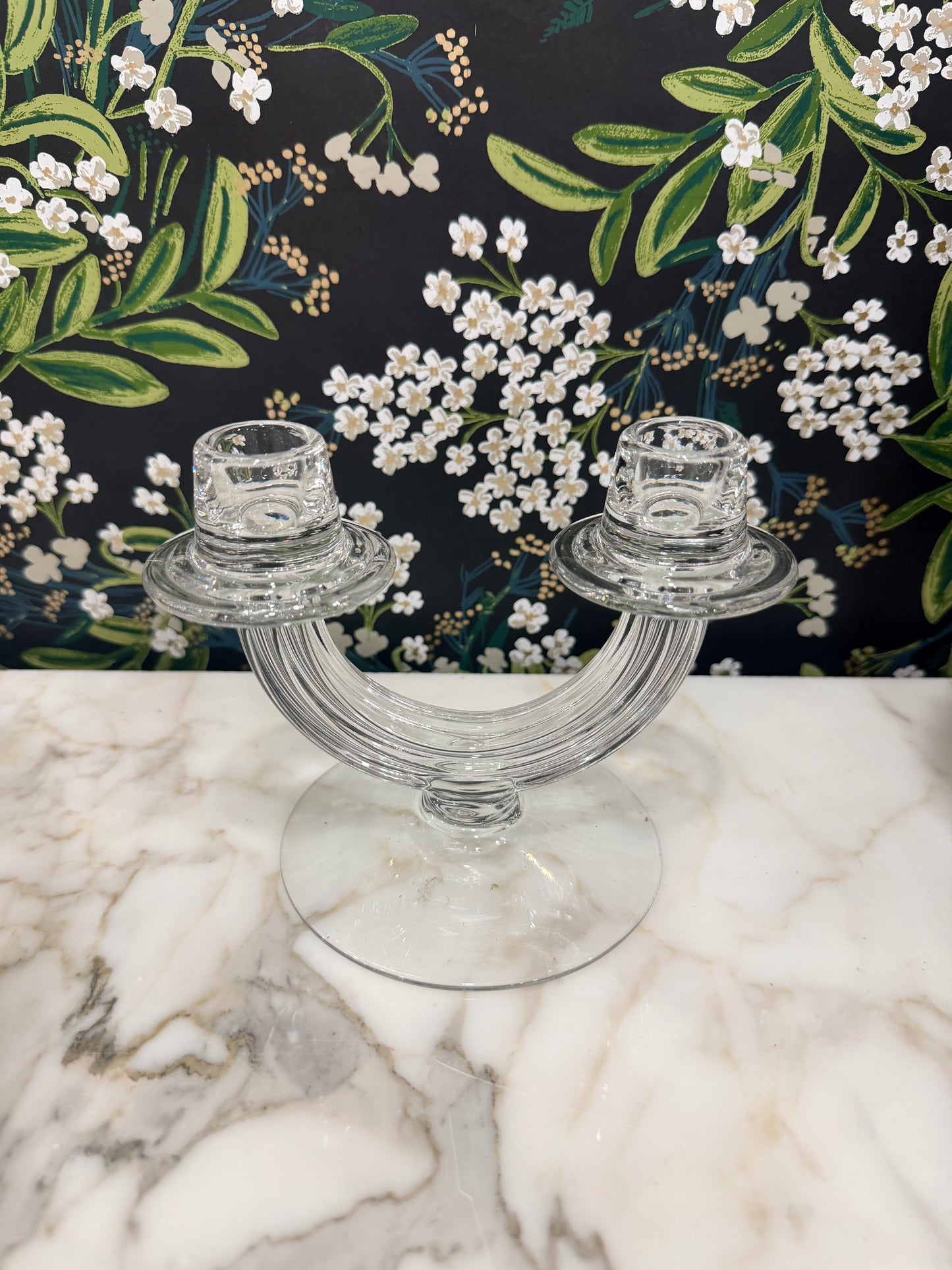 Vintage Clear Glass Art Deco Style Double Candlestick Holder