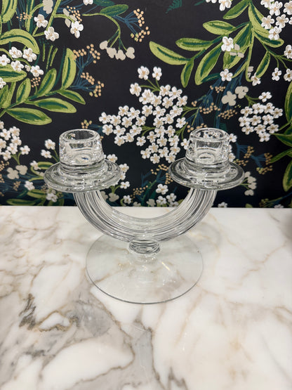 Vintage Clear Glass Art Deco Style Double Candlestick Holder