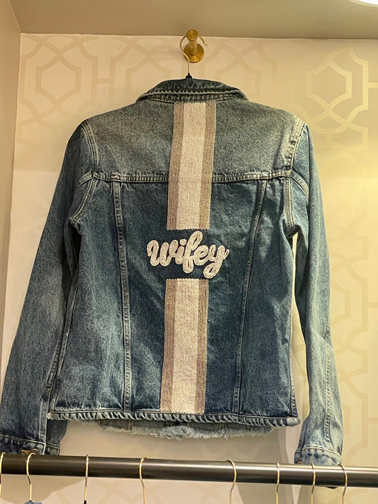 Wifey W/ White & Silver Stripe Denim Jacket