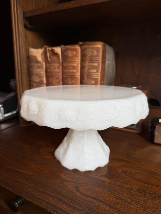 Vintage Anchor Hocking Milk Glass Cake Stand w/ Harvest Grape Pattern